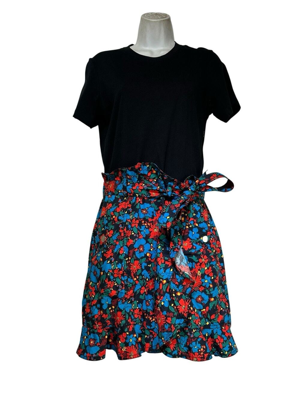 Derek Lam 10 Crosby Hudson Mixed Media Shirt Dress Pockets Belted Floral